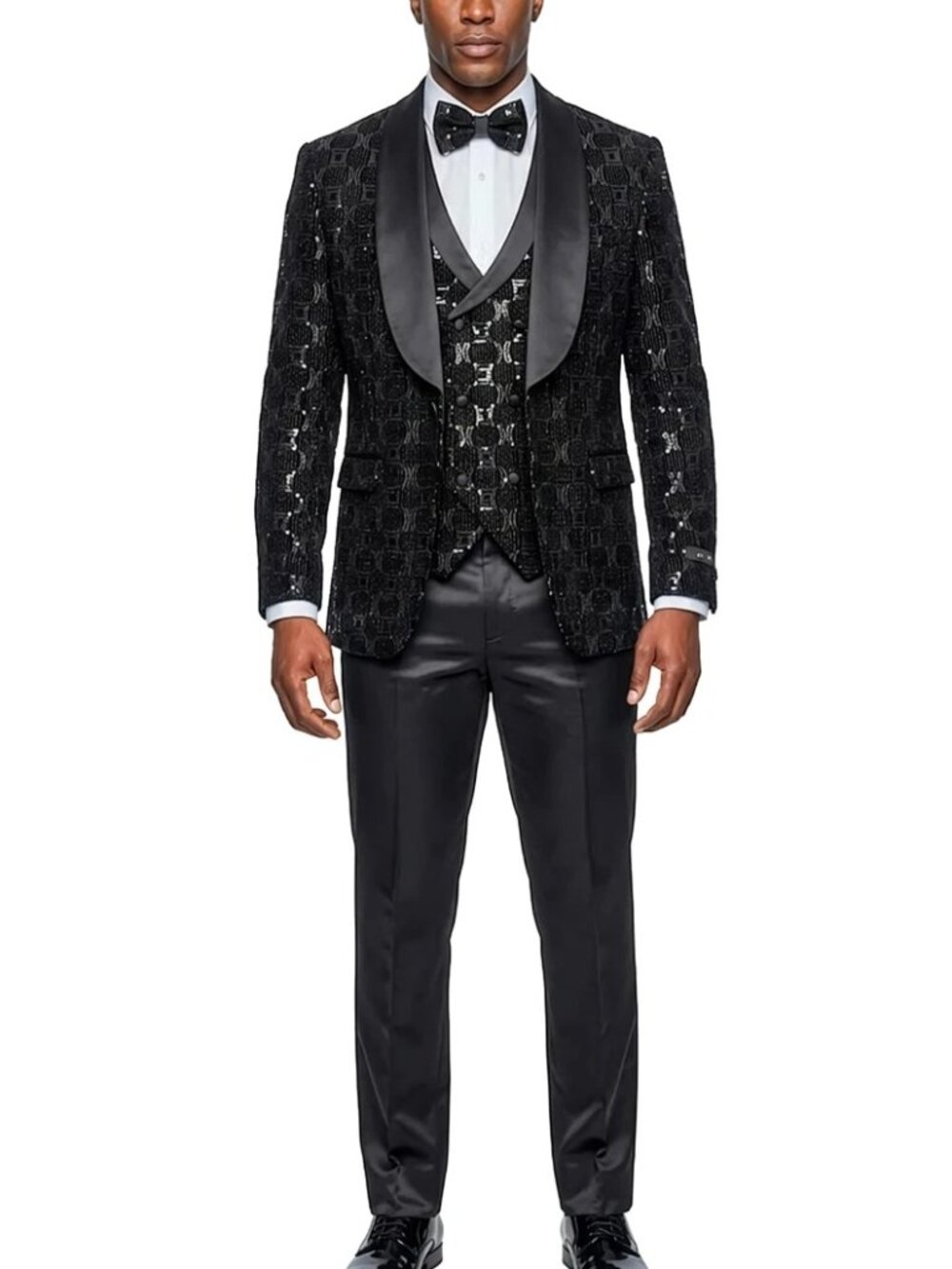 Black Wide Satin Shawl Lapel Chained Sequin 3 Piece Skinny Men's Fashion Suit
